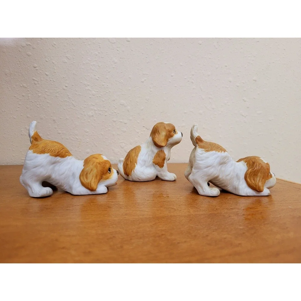 Set of 3 Vintage Homco Porcelain Bisque Spaniel Puppies #1407 Stamped w/ Sticker